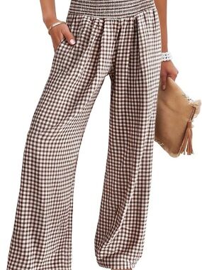 Smocked Waist Wide-Leg Gingham Pants in Brown and White